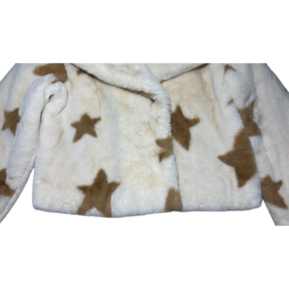 William B. Star Faux Fur‎ Jacket Small Cropped Cozy Teddy Beige Stars